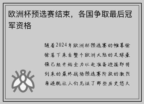 欧洲杯预选赛结束，各国争取最后冠军资格